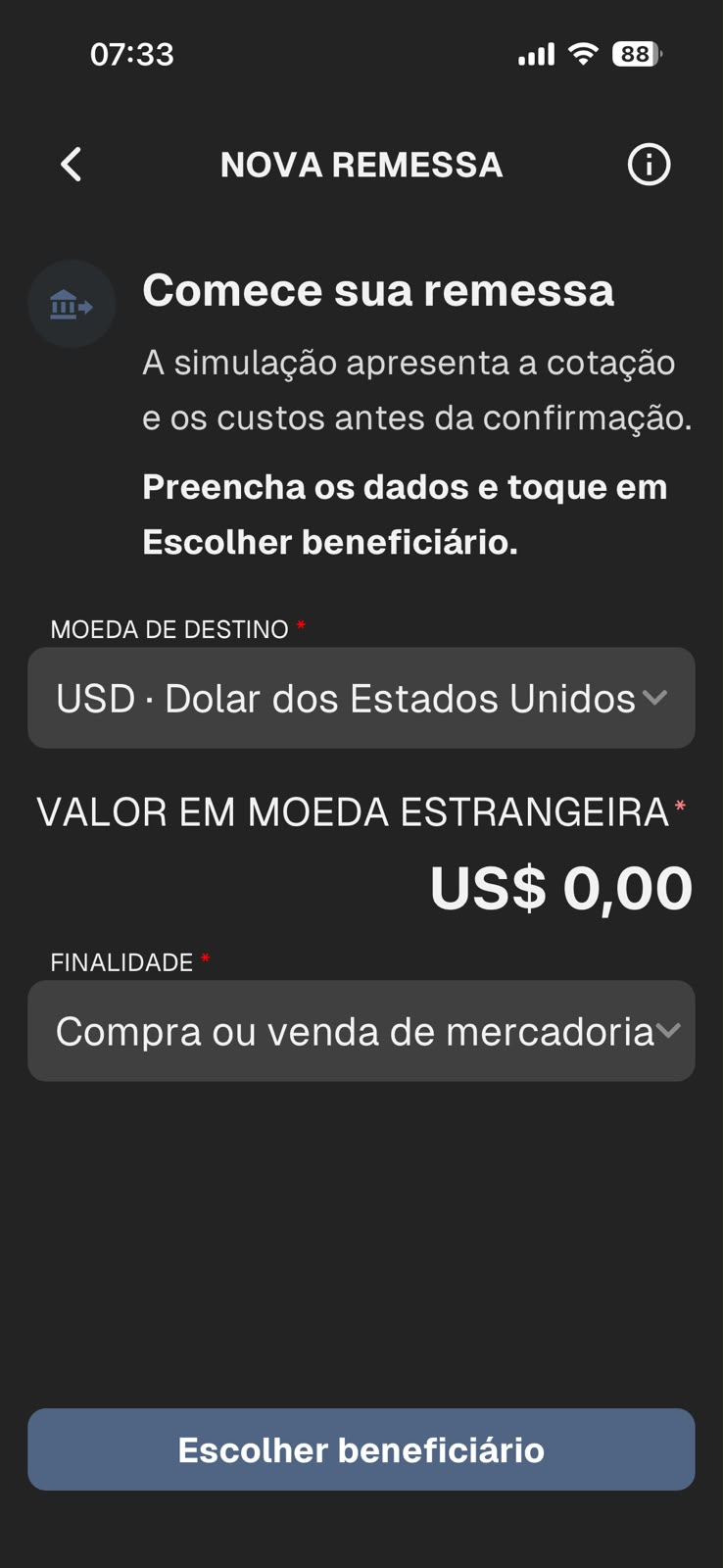 Tela de transferência internacional no app da Atual