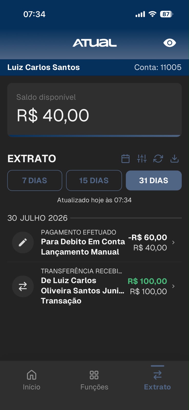 Tela de extrato de operações no app da Atual
