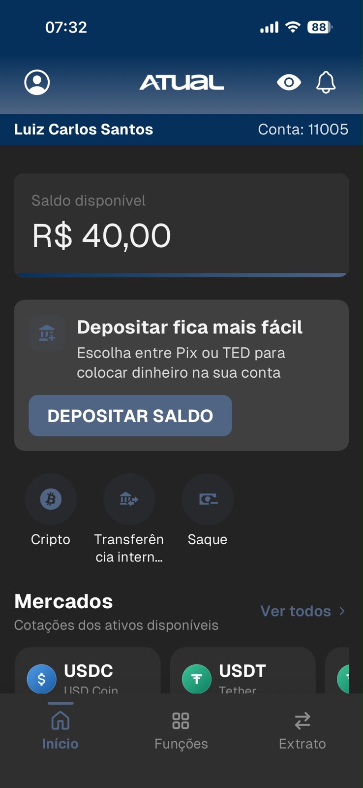 Tela inicial da Conta Atual com saldo em reais