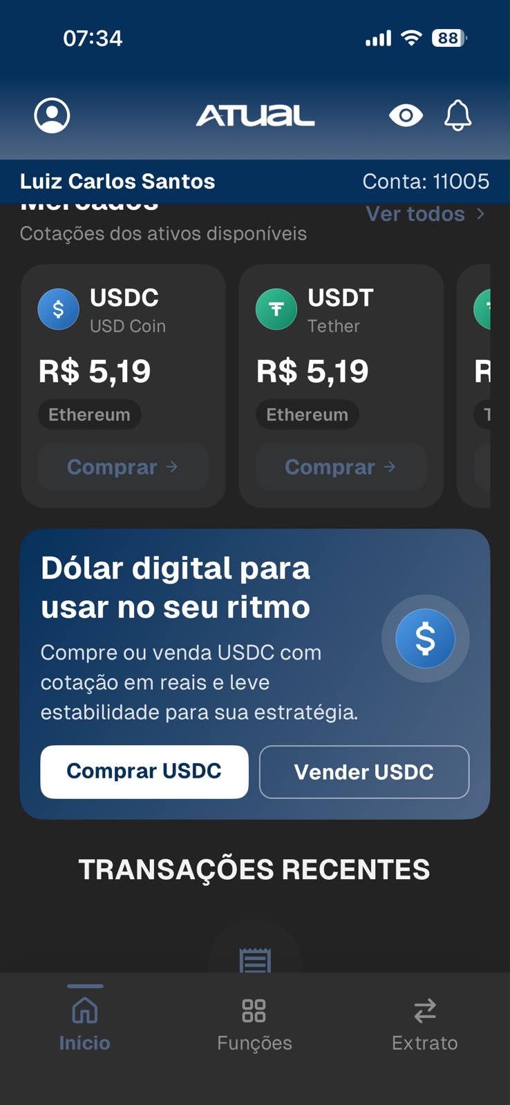 Tela de mercados com USDt e USDc no app da Atual