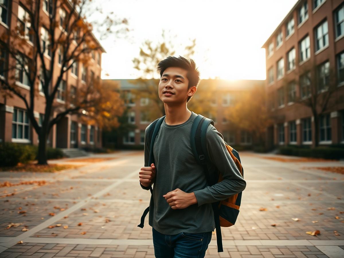 Estudante caminhando pelo campus de uma universidade no exterior