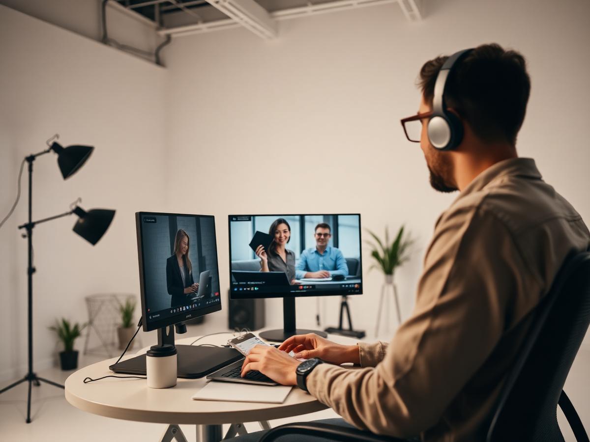 Profissional em reunião on-line com cliente internacional